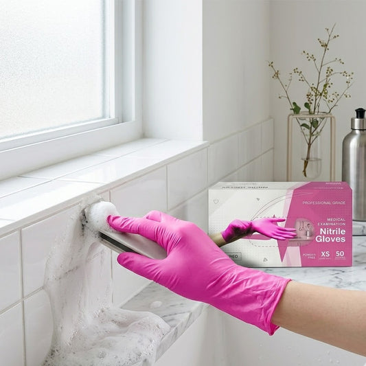 Shopoletcosh Premium Rose Pink Nitrile Exam Gloves - Elegant Skin Protection for Home Cleaning, Beauty & Kitchen, Durable & High-Sensitivity Design